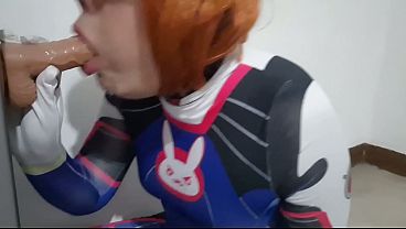 Trams girl with Dva Cosplay and BDSM Nosehook Giving a Blowjob, Eating Cum and Deepthroat to Big Dildo