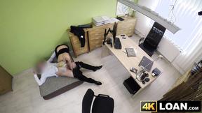 ”Big Breasted short haired babe bounces on loan agent meat wildly”