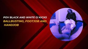 POV black and white gi kicks ballbusting, footjob and handjob