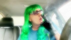 CAR SMOKING A VS120 WITH MY GREEN WEAVE LOL -- YEAH OR NEY?