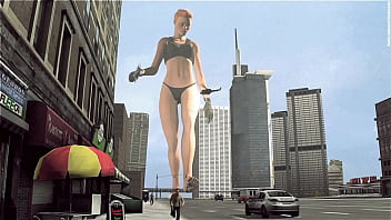 bikini giantess walking through city