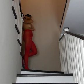 Red pantyhose and masturbate on stairs