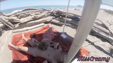 Voyeur watching us while my hot teacher masturbating and cumshot cock in nudist beach public P2