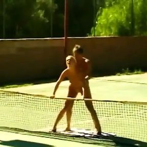 Hot blonde has a sport fuck on the tennis court