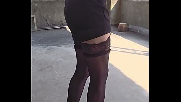 Shemale Ting Xuan'_s transparent panties with garter stockings.