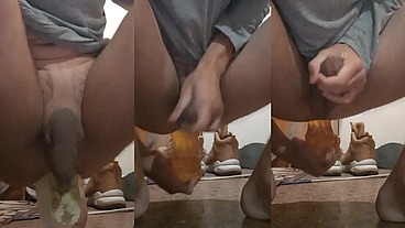A nice guy jerks off his big dick and plays with big bottles that made him cum three times.