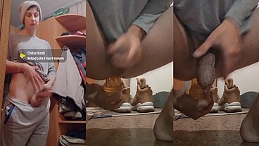 A nice guy jerks off his big dick and plays with big bottles that made him cum three times.
