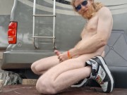 RV camper nudist cums outside and plays with feet
