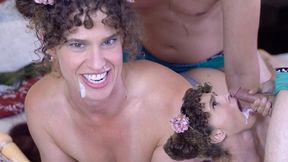 Two slutty ladies gang bang virgin's asshole then cover her in jizz