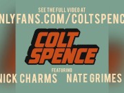 Colt Spence gets his big dick and feet serviced by Nick Charms and Nate Grimes