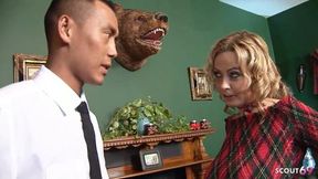 Blonde Cougar Mature Wife with big natural Saggy Tits seduce Asian Boy to Cheating Fuck at Store while her husband is waiting