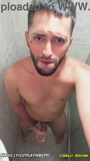 Son of Lilith jerking his big uncut cock and eating his own cum   Clip 1