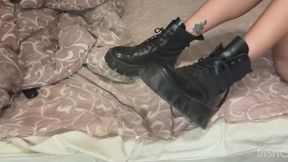 nastya cleans boots, wipes on bed + jumping + bare feet + pressing and dominating over bed