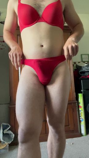 Muscle Femboy sissy cuck crossdresser in Victoria&#039;s Secret bra and panties Playing with large dick