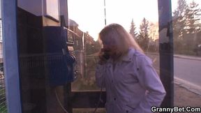 Very old blonde granny rides his young dick