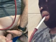 PitFanOne- Piss shower all over his gray T-shirt. Lick and swallow cum with piss.