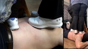 Sisters breaking in spiked golf shoes on their sacrifice (216 spikes under 30 stone/190kg!)