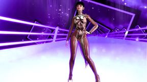 Skinny Asian girl with big tits dances seductively in a crotchless latex bodysuit