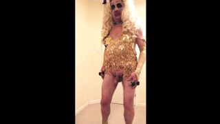 Blonde slut in gold sparkly dress