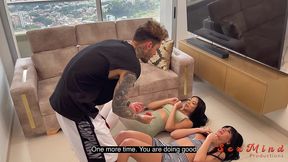 yenifer chacon and a delicious venezuelan brunette girl with big tits having hardcore sex with their coach on a balcony