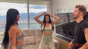 yenifer chacon and a delicious venezuelan brunette girl with big tits having hardcore sex with their coach on a balcony