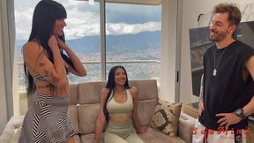 yenifer chacon and a delicious venezuelan brunette girl with big tits having hardcore sex with their coach on a balcony