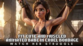 Animated cute bikini babe so sexy it hurts tied to a X frame in BDSM bondage fantasy as we watch her struggle