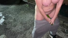 Some woman gets vaginally penetrated by a cucumber
