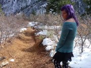 Transgirl pissing in public on a snowy trail