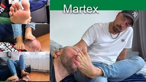 sniffing the feet of a Martex guy