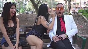 Stranger dared into a hot anal threesome by two spicy Latina gals