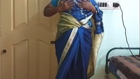 des indian horny cheating tamil telugu kannada malayalam hindi wife vanitha wearing blue colour saree  showing big boobs and shaved pussy press hard boobs press nip rubbing pussy masturbation
