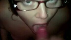 Nerdy brunette sucks my dick and enjoys a facial in POV clip