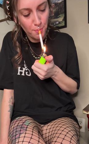 Smoking in Fishnets, Teasing You with a Peek of My Pussy