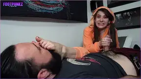 Bratty Girl in Onesie & Pigtails Gives Foot Smelling Handjob
