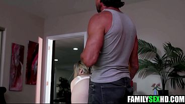 Stepson's huge cock shared by hot stepdaughters in taboo threeway