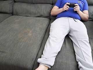 Stepsister sucks stepbrother and eats his load during the time that that guy plays movie scene games