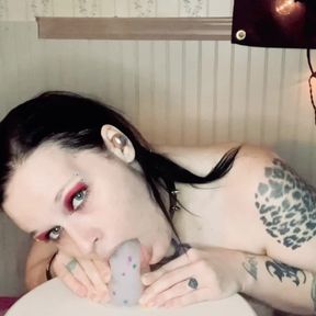 Slut GothBunny gagging on her dildo