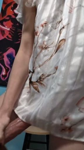 Riding Fav Toy on Stool in Silky Lingerie