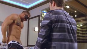 Masked muscular Devon Dexx strips slowly and masturbates