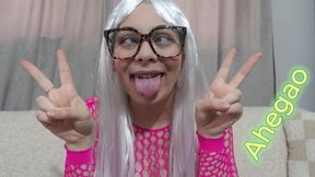 My Stepsister in a cosplay outfit makes a face fetish, ahegao faces and silly faces while sucking a dildo and holding her fingers up