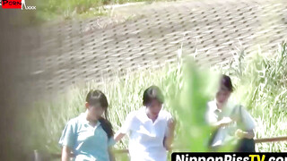 NipponPissTV.com - Japanese babes peeing their panties up in public bathroom openly