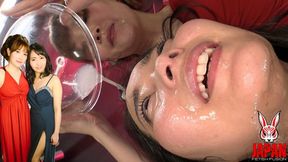 Koharu’s spit bowl pours over Chihiro Suzuki’s forehead, lips, and chin… and her spit completes the mark on her skin - Face Worship Part 2