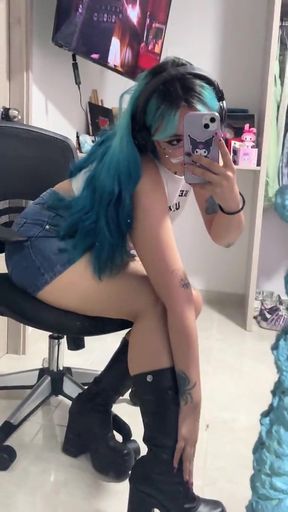 Blue hair, black boots