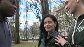 Dark-haired wife enjoys BBC with husband watching nearby