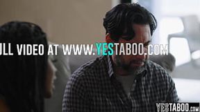 Frustrated Cuckold Rides GF While Stepsis Fucks Him