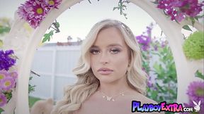 Smiling big booty teen blondie Jackie Jane presenting a sensual striptease