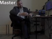 DILF in suit and tie jerks his uncut cock before online meeting cums on formal shoes PREVIEW