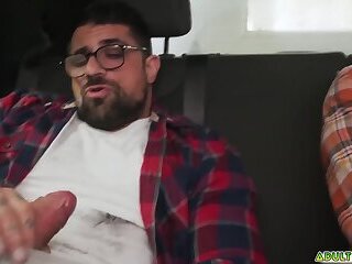 Buddies Ryan Bones and Cam Crawford jerk off in the back seat of the car together