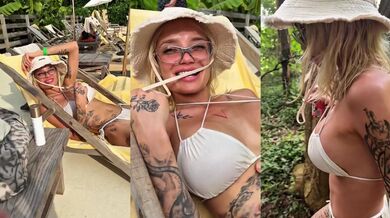 Blonde seduces worker throat fuck in the forest